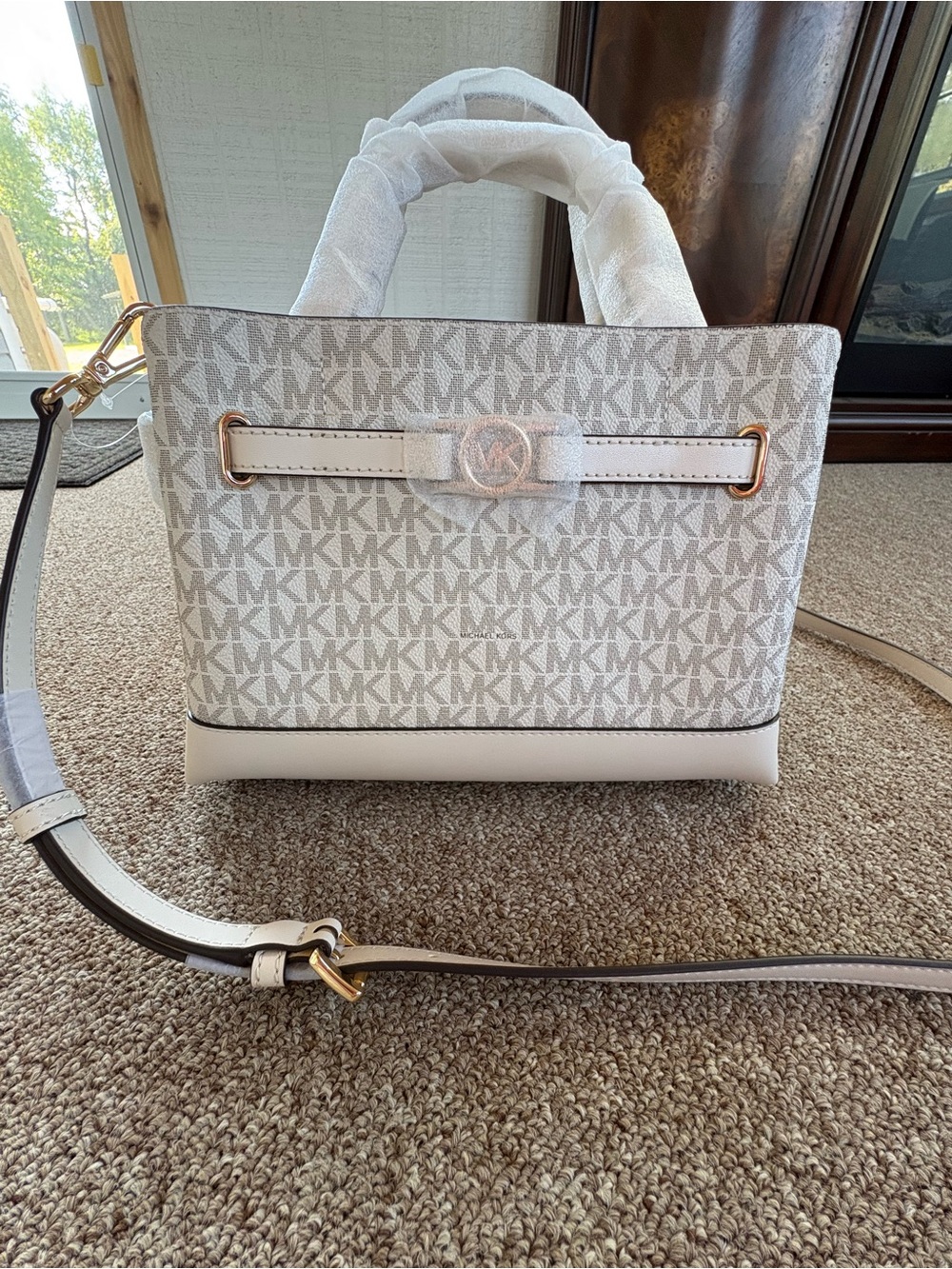 Michael Kors Cream and White MK Logo Satchel with Gold Accents